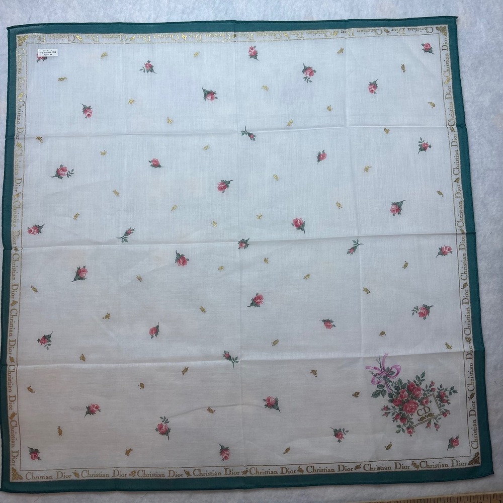 VTG CHRISTIAN DIOR Scarf Handkerchief Rose Floral Cotton White Green 18"